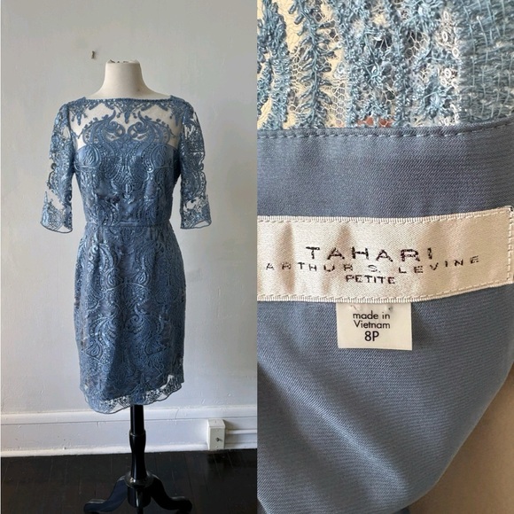 Tahari Dresses & Skirts - Tahari by Arthur Levine Lace and Sequin Dress Baby Blue Size 8P
